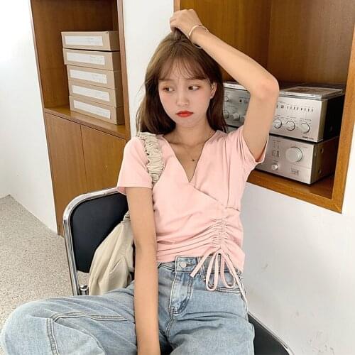 Womens T-shirts Tops Japanese Kawaii Ulzzangcasual Loose V-neck Drawstring Tshirt Female Korean Harajuku Clothes For Women