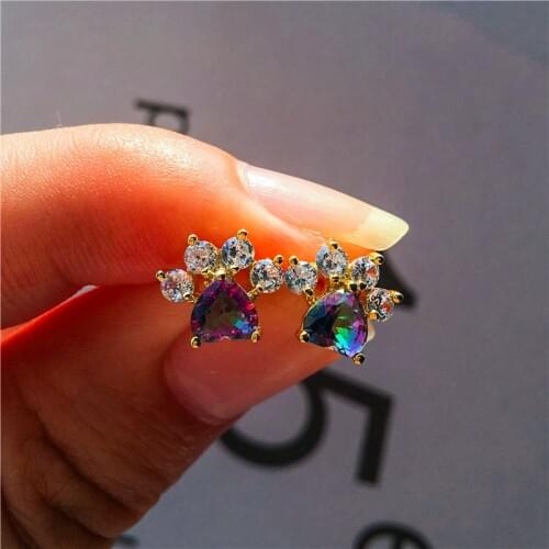 Cute Footprint Small Dog Cat Paw Claw Earrings Female Rainbow Stone Stud Earrings Boho Yellow Gold Wedding Earrings For Women