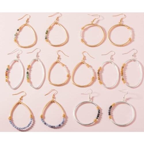 Metallic Natural Stone Beads Teardrop Oval Metal Wire Dangle Drop Earrings Collection Women Circle Stone Beads Drops Earrings