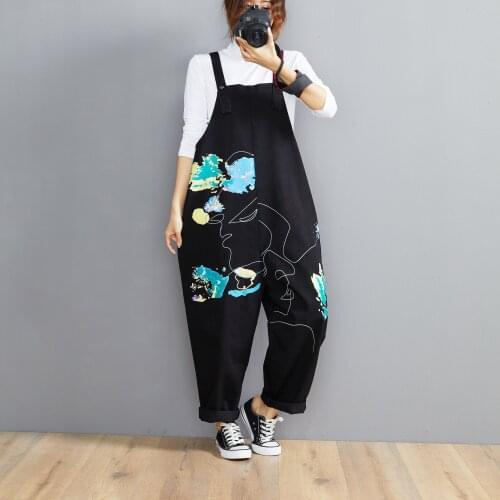 Autumn Winter New 2021 Map Hand Drawn Wash Demin Large WomenS Casual Big Pocket Wide Leg Jumpsuits