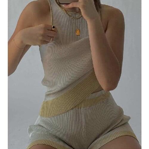 Knitted Casual Women Short Sets O Neck Sleeveless Vest Elastic High Wasit Short Summer Fashion Home Streetwear Women Short Sets