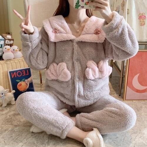 Foply Womens Winter Pajamas Set Velvet Thick Warm Flannel Homewear Suit Pink Gray Two-piece Sleepwear Female Home Clothes