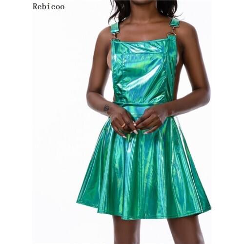 Sexy Shiny Glitter Laser Holographic A-Line Dress Women Backless Criss Cross Buckle Strap Wet Look Fall Fashion Sexy Mini Dress