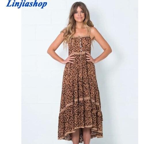 Spring summer women midi dress bohemian sexy sleeveless long leopard dress holiday beach robe femme