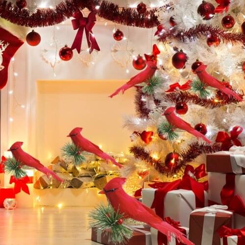 10pcs Realistic Cute Cardinal Clip On Christmas Tree Decoration Red Feathers Artificial Birds With Tree Branch Home Diy Ornament