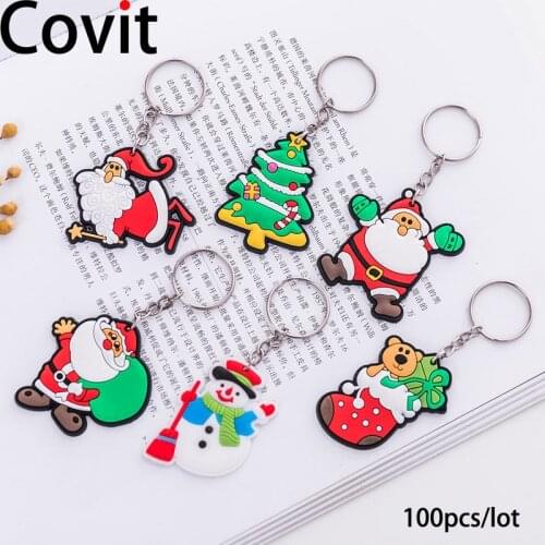 100Pcs/lot Christmas Keychain Santa Claus Shape Key Chain Cartoon Christmas Tree Pendant Gift Soft PVC Key Ring Jewelry Wholesal