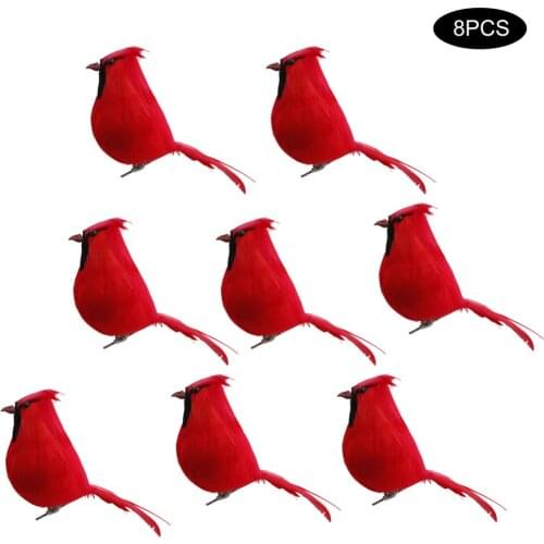 8Pcs Realistic Cute Chubby Cardinal Clip On Christmas Tree Ornament Wreaths Decorations With Alligator Clips Red Feathers