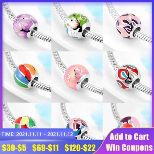 925 Silver Colorful Enamel Round Shape Clear CZ Beads Charms Bead Fine Jewelry Making Fit Original European Charm Bracelet
