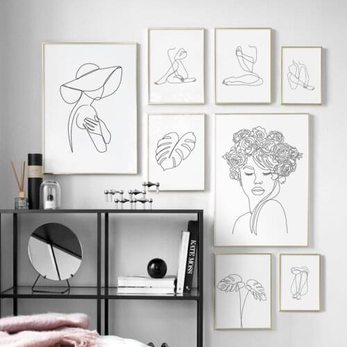 Abstract Fashion Line Girl Monstera Flowers Wall Art Canvas Painting Nordic Posters And Prints Wall Pictures For Living Room