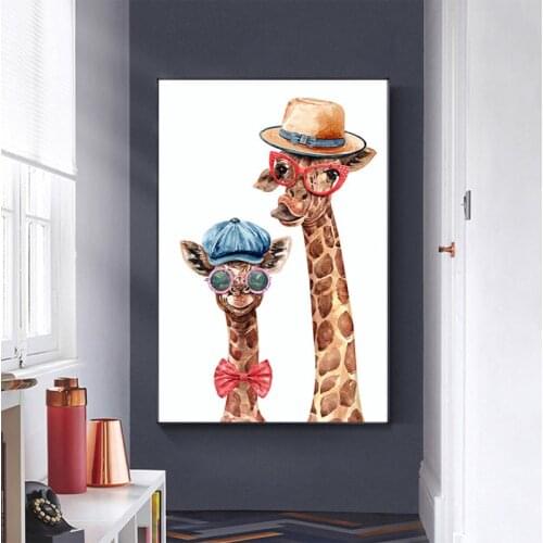 Watercolor Cute Giraffe Funny Animal Family Poster Canvas Painting Cuadros Wall Art Picture for Kids Living Room Home Decoration