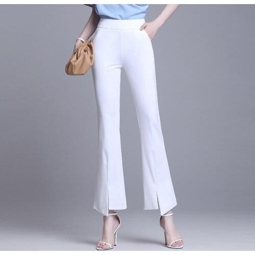 Women Fashion Plus Size White Bell Bottom Pants Summer Office Lady Elegant Chic Slim Casual Black Skinny Suit Flare Trouser 9175