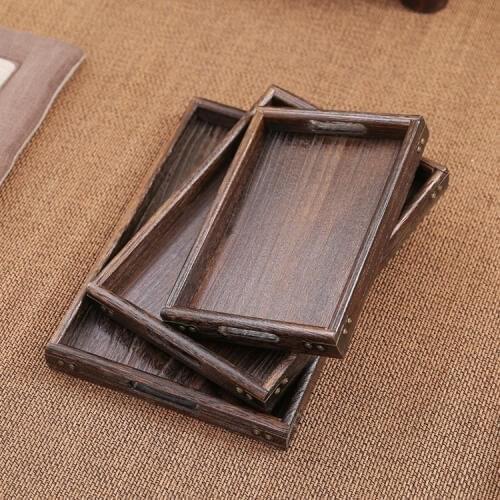 Japanese Style Paulownia Wood Serving Tea Tray Fruit or Food Tray Metal Edge Rectangular Solid Wood
