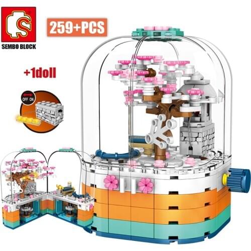 SEMBO Friends LED Light Rotating Box Building Blocks City Street View Cherry Blossom House Tree Bricks Gifts Toys for Girls