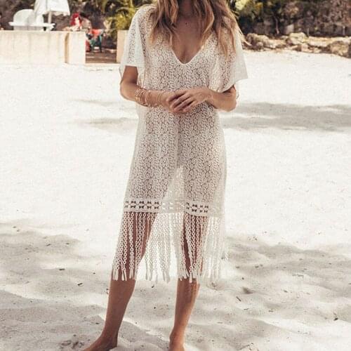 Long Tassel Beach Dress Lace Bikini Cover Up Cover-up Summer Dress Sexy Deep V Backless Boho Vestido Swimsuit Women Swimwear