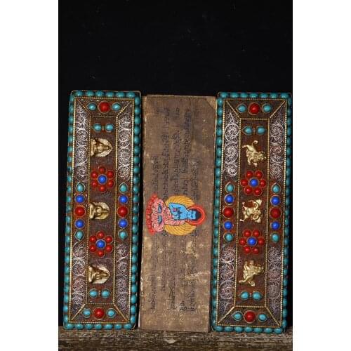 Home Decor 5" Old Tibet Buddhism Tibetan silver Oldwood Inlaid gems Xuan paper carving Scripture Diamond Sutra Book