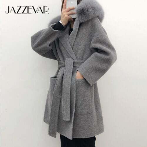 JAZZEVAR 2020 winter jacket Casual Women Real Fox Fur coat Cashmere double faced Wool Outerwear Ladies oversized hooded coats