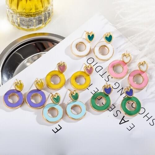 Korean Version Of The New Earrings Simple Love Hit Color Stitching Earrings Personality Drop Glaze Round Earrings Jewelry Gift