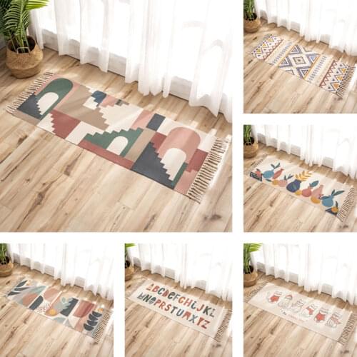 Retro Hand Woven Cotton Linen Bedside Rug Entrance Doormat Tassel Geometric Floor Mat Living Room Bedroom Home Decor