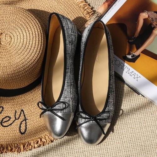 2020 Light Mouth New Single Shoes Small Fragrance Leather Bow Flat Bottom Ballet Shoes Womens Single Shoes Womens Versatile
