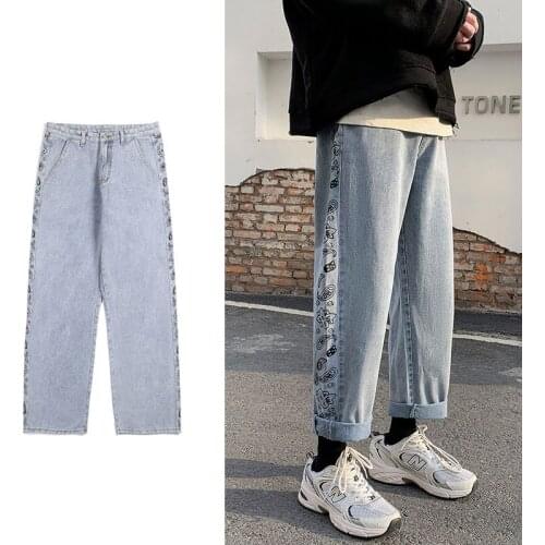 Fashion Mens Vintage Washed Side Printed Denim Pants Straight Fit Dad Jeans Japanese Urban Style Cuffed Jean Trousers For Male