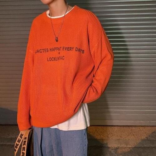 Autumn Winter 2021 Man Sweaters Green Vintage Pullovers Long Sleeve O-Neck Knitted Harajuku Oversized Orange Jumpers Harajuku No