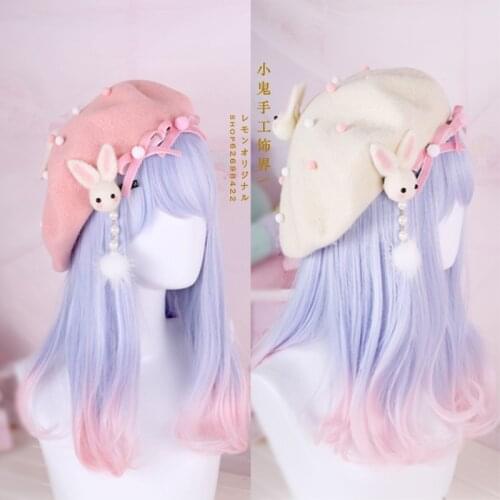 Soft sister Sweet Biscuits Hat Beret Wool Hat Painter Hat Rabbit Spring & Autumn New Side Folder Hairpin Lolita Hair Accessories
