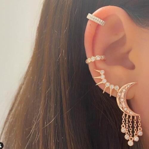 2021 New Fashion Jewelry Shiny Cubic Zirconia Moon Northstar Starbrust Tassel Chain Dangle Earrings for Women Christmas Gifts