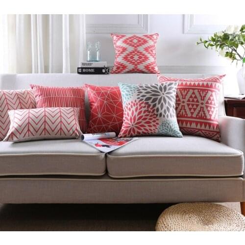 New Coral Red Geometric Style Printed Linen Cotton Cushion Cover Decorative Sofa Throw Pillow Car Chair Home Decor Pillow Case
