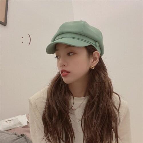 INS Autumn Winter Candy Color Octagonal Cap PU Leather Beret Girl Fashion All-match Painter Hats for Women Gorras