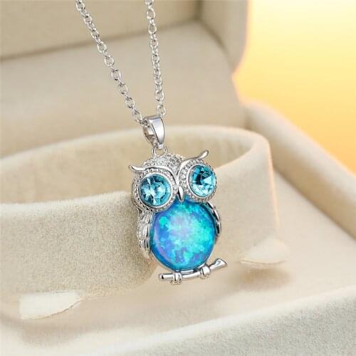 Blue White Opal Punk Owl Necklace Cute Animal Round Stone Pendant Necklace Dainty Silver Color Chain Necklaces For Women Jewelry