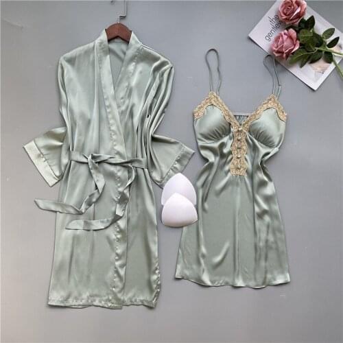 Spring Summer Robe Set Thin Women Sexy Bathrobe Bride Bridesmaid Wedding Robe 2 Piece Sleepwear Nightgown Suit Silky Kimono Gown