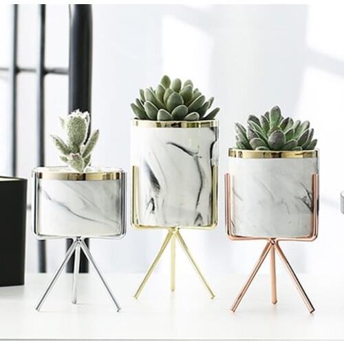 Nordic Ceramic Iron Art Vase Marble Pattern Desk Flower Vase Tabletop Green Plant Flower Pot Bonsai Ornaments Office Home Decor