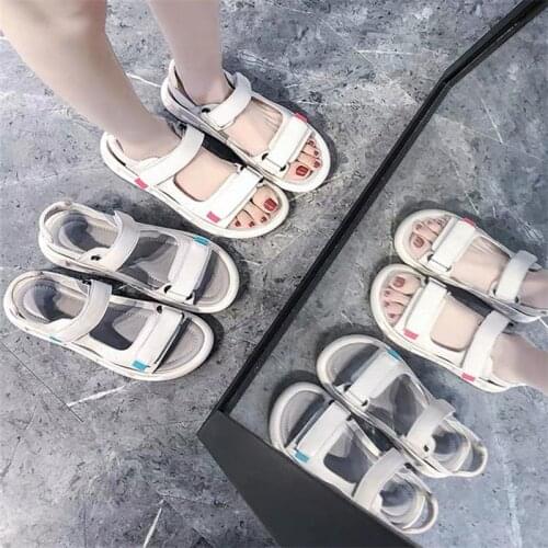 Harajuku Sports Womens PU Leather Sandals Summer Flat Bottom Student Non-slip Wild Shoes 20201 New Platform Leisure Beach Shoes