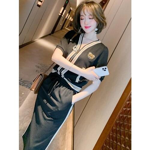 Top Quality Contrast stripe zipper front V-neck jacket+Elastic high waist skirt suit womens new summer style