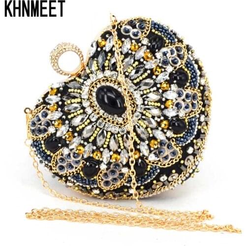 Heart Shape Black Beaded Knucklebox finger ring Crystal Lock Satin Evening Bag Women Wedding Fashion Party Purse Clutch Bag 886