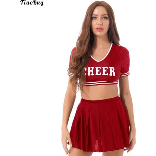 Women Cheerleading Uniform Role Play Outfit Letter Print Contrast Color Trim V Neck Short Sleeve Crop Top With Pleated Skirt