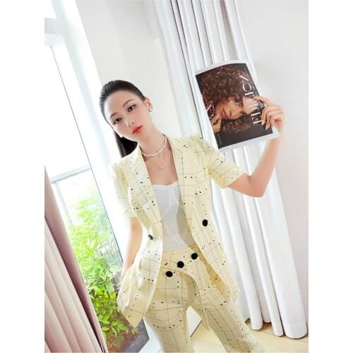 New summer and autumn office lady Fashion casual skinny brand female women girls short sleeve plaid coat pants suits sets