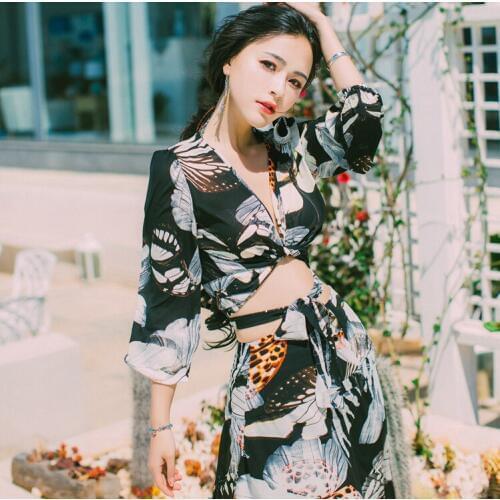Butterfly Floral Women Chiffon Set Deep V-neck Long Sleeve Crop Top+ Long Skirt Women Two Pieces Maxi Dress Vestidos Robe Femme