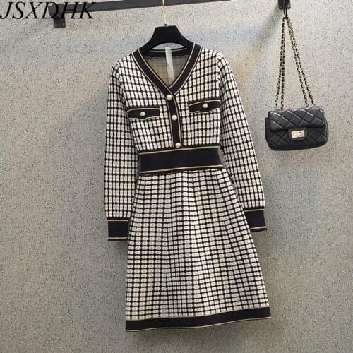 JSXDHK 2021 New Autumn Winter Plaid Knitted Long Sweater Dress Plus Size Women V Neck Pearl Button Printing Dress Vestidos S-4XL