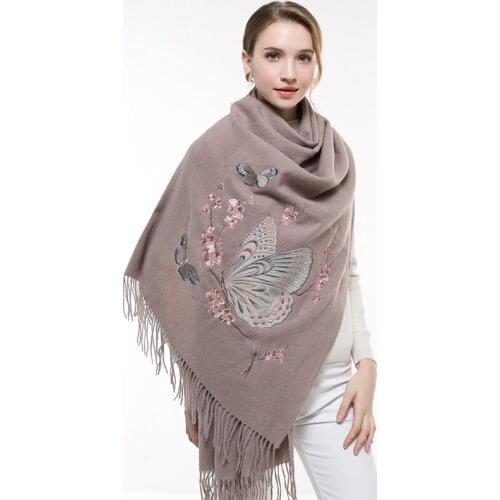 Winter Wool Scarf Embroidery Butterfly Women Pure Lamb Wool Foulard Femme Shawls and Wraps for Ladies Solid Cashmere Scarves