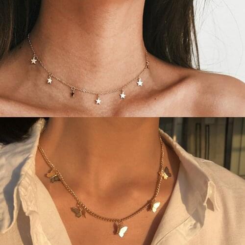 Gold Chain Pendant Necklace Fashion Female Necklaces Jewelry Simple Ladies Pentagon Star Cute Butterfly Choker Necklace Women
