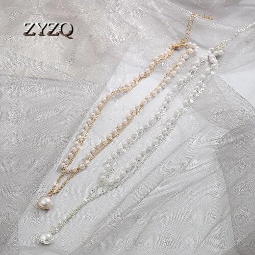 ZYZQ Ins Simple Double-Layer Man-Made Pearl Necklace Temperament Short Sweater Chain Fashion Party Jewelry