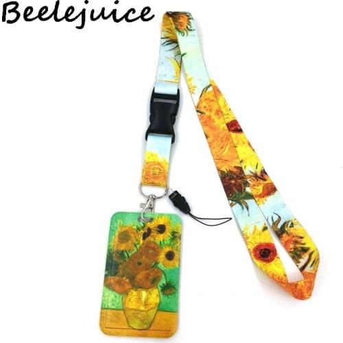 12sets Van gogh Flowers Sunflowers Painting Lanyard for Keys Phone Cool Neck Strap Camera Whistle ID Badge Cute webbings ribbons