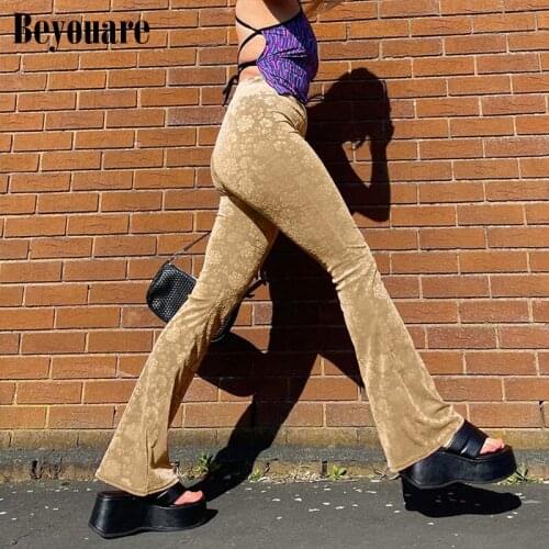 Beyouare Flare Pants Velvet Flocking Floral Women High Waist Trousers Autumn Winter Khaki Fashion Sexy Hot Girls Y2K Streetwear