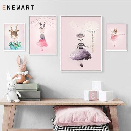 Child Poster Cartoon Animal Danding Deer Bunny Lady Wall Art Canvas Nursery Print Nordic Kid Bedroom Decor Picture Painting