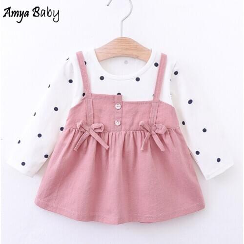 Amya Baby 2020 Spring Girls Long Sleeve Dress Polka Dot Bow Kids Clothes Cute Birthday Infant Princess Baby Girl Dresses