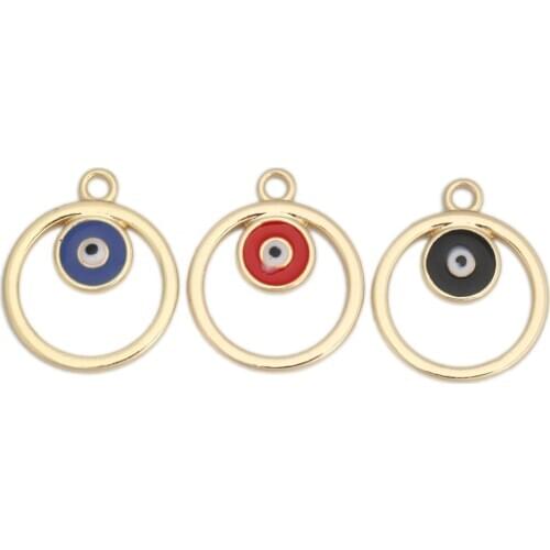 Evil Eye Series Zinc Based Alloy Pendant Charms Round Gold Plated Black Evil Eye Enamel 24mm x 20mm, 10 PCs
