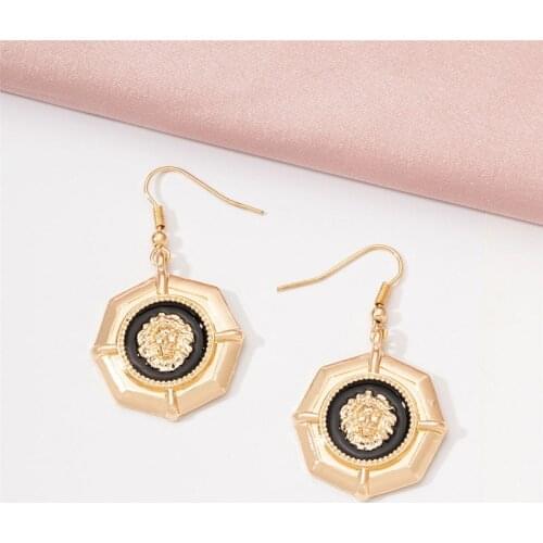 GSOLD New Vintage Trendy Alloy Enamel Lion Head Earring Simple Polygon Metal Drop Earring Women Party Jewelry Accessories
