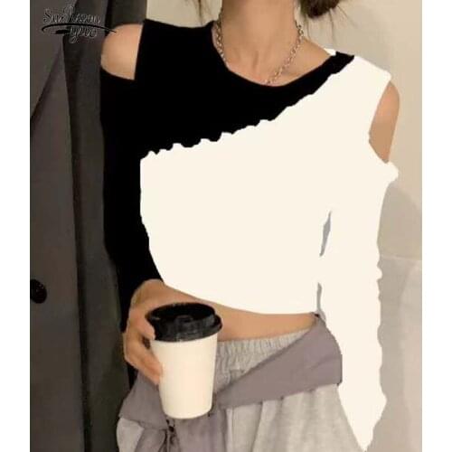 O-neck Short Blouse Women Contrast Bottoming Shirt Off-shoulder Top Stitching Long-sleeved Shirt Fashion Female Blusa 15569
