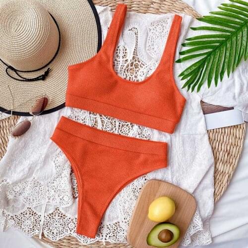 Ribbed Swimsuit High Waist Bikini Push Up Bikini Set Sexy Summer Knit Swimwear Women 2021 Bathing Suit White Swim Suit for Woman